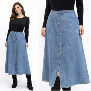 Vintage Blue Blue Button-Down A-Line Maxi Skirt Size Medium